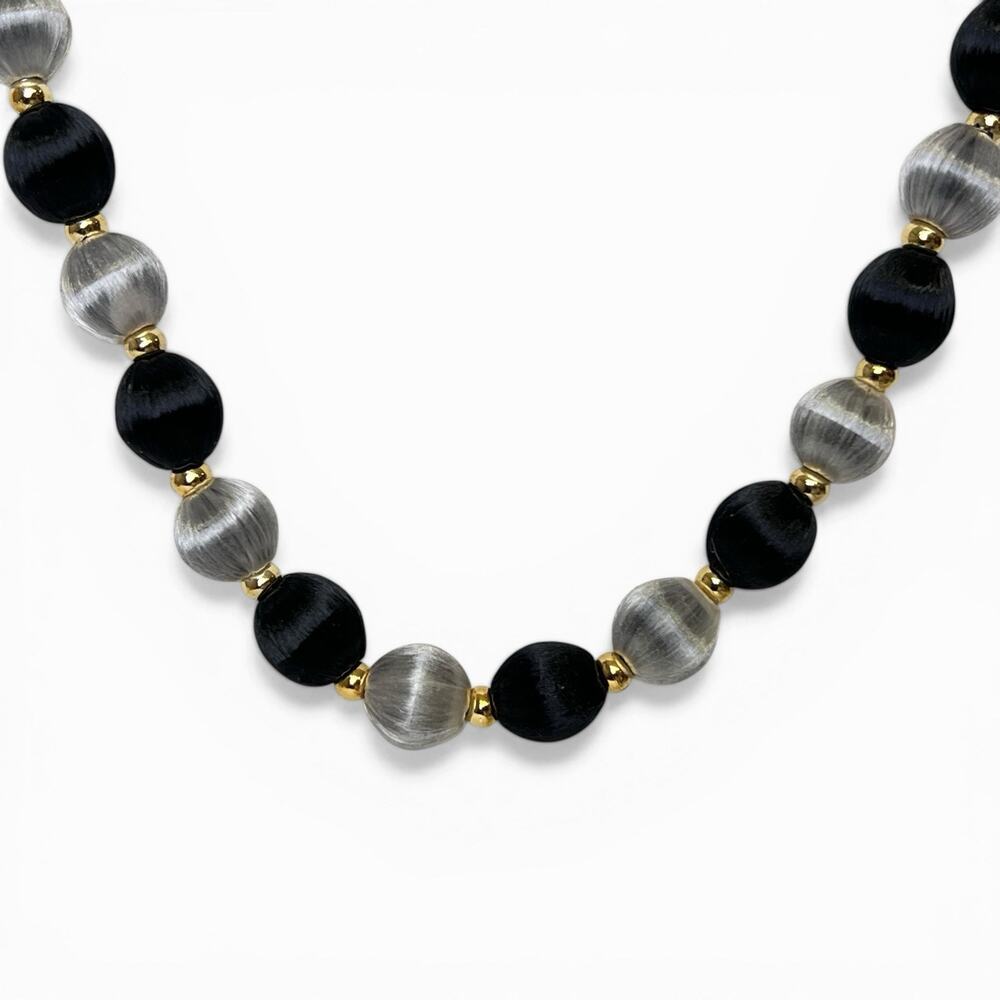 Vintage Silk Thread Beaded Necklace Silver Black Gold Tone Soft Glam Sheen Retro